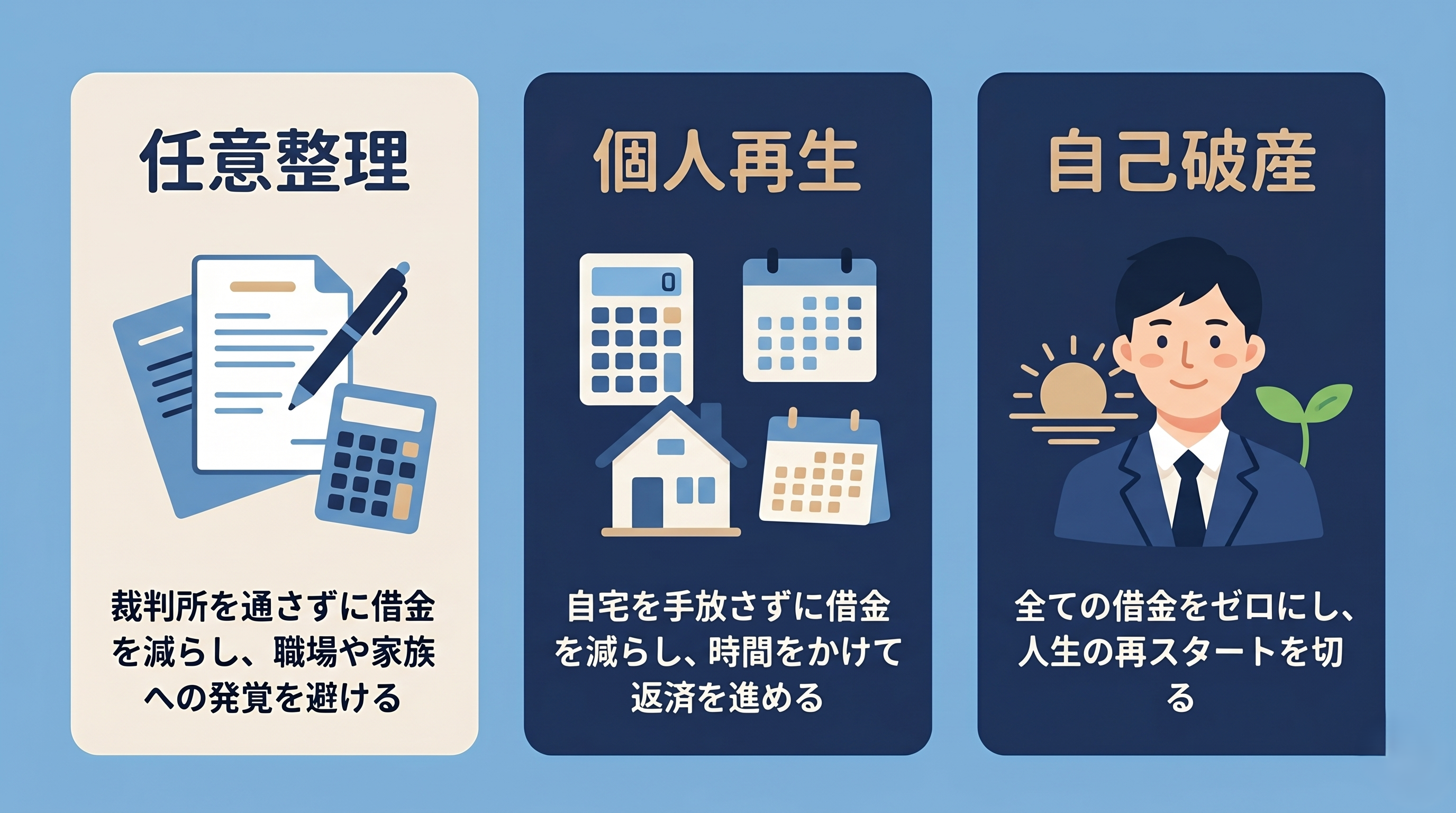 任意整理・個人再生・自己破産の3つの手続き比較